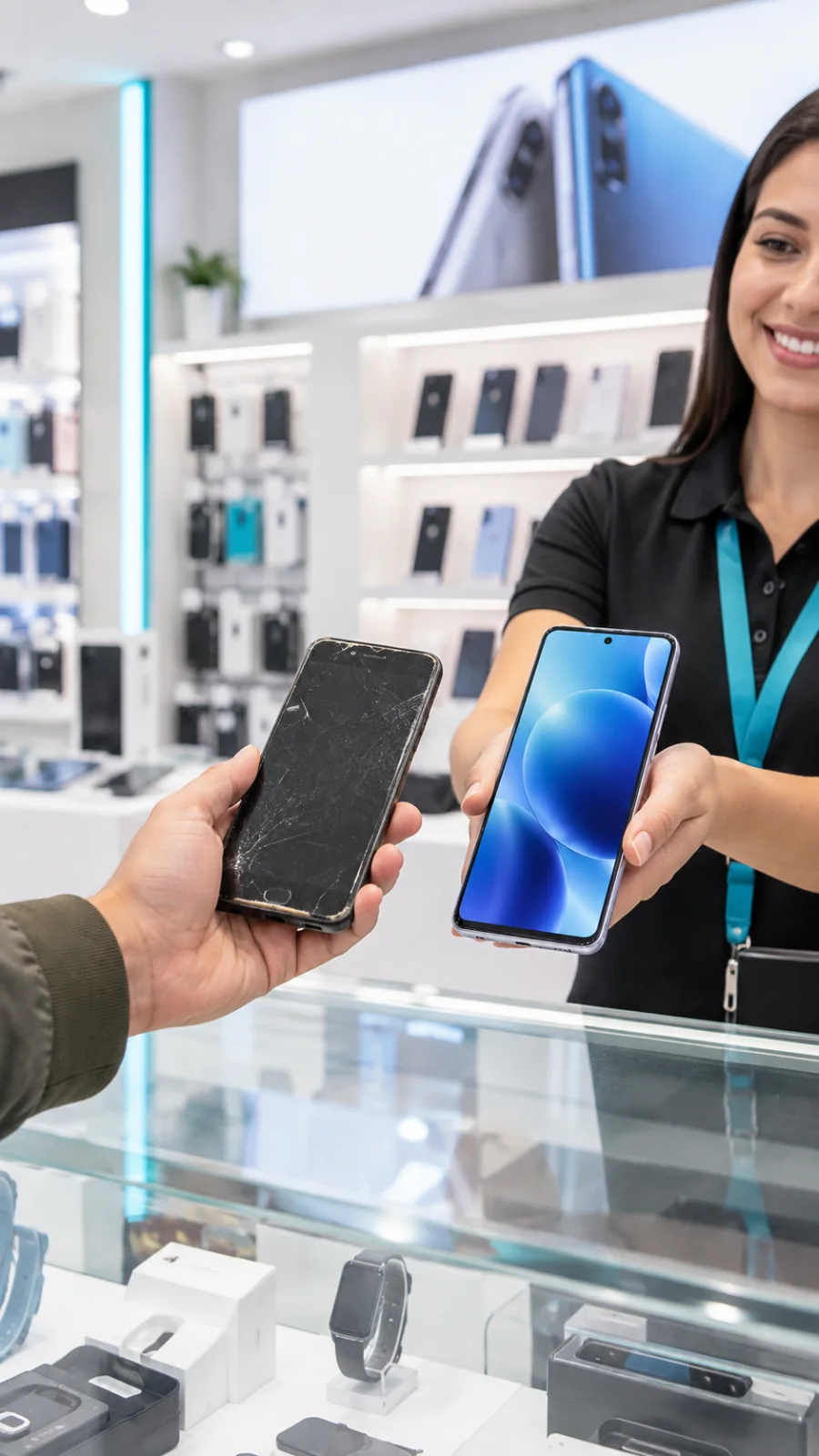 Cliente entregando un teléfono usado como parte de pago